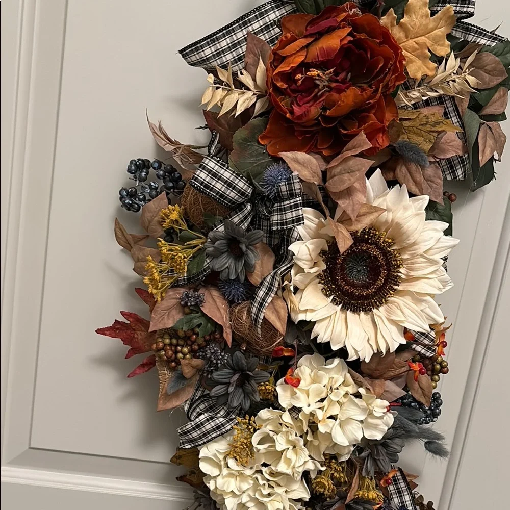 Primitive FarmhouseDoor Wreath Blue Cream Elegant Florals Custom Final Sale
